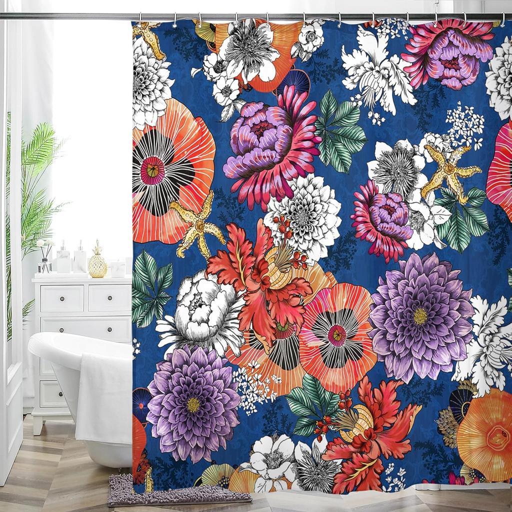 Cottage Floral Shower Curtain - Pink/Lavender Butterfly Design, Waterproof Washable Fabric, with Hooks, Modern Farmhouse Decor