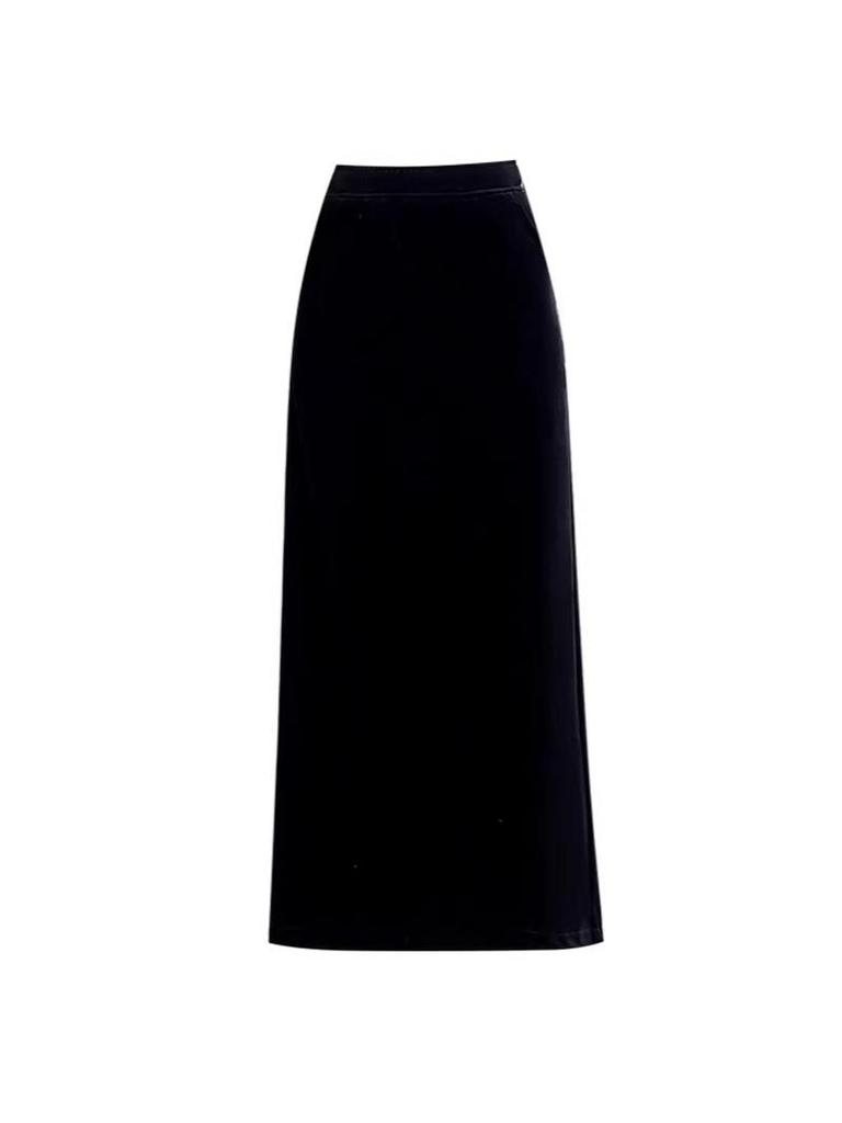 Women's Black Velvet High Waist Slit Midi Skirt - Spring/Autumn 2026
