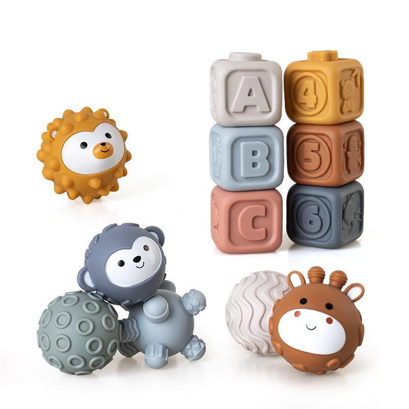 Soft Rubber Baby Hand-Grip Ball, Building Blocks & Stacking Rings Toy Set