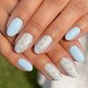 Daily Wear Light Blue Oval Press-On Nails Set with Gold Powder Nail Art Stickers, French Style, Solid Color, Removable, 24 Pieces