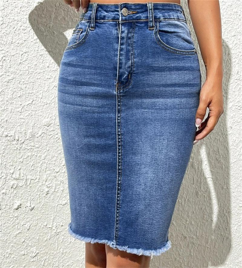 Women Fashion High Waist Denim Skirts Ladies Stretch Jeans Knee Length Casual Bodycon Dress Skirt