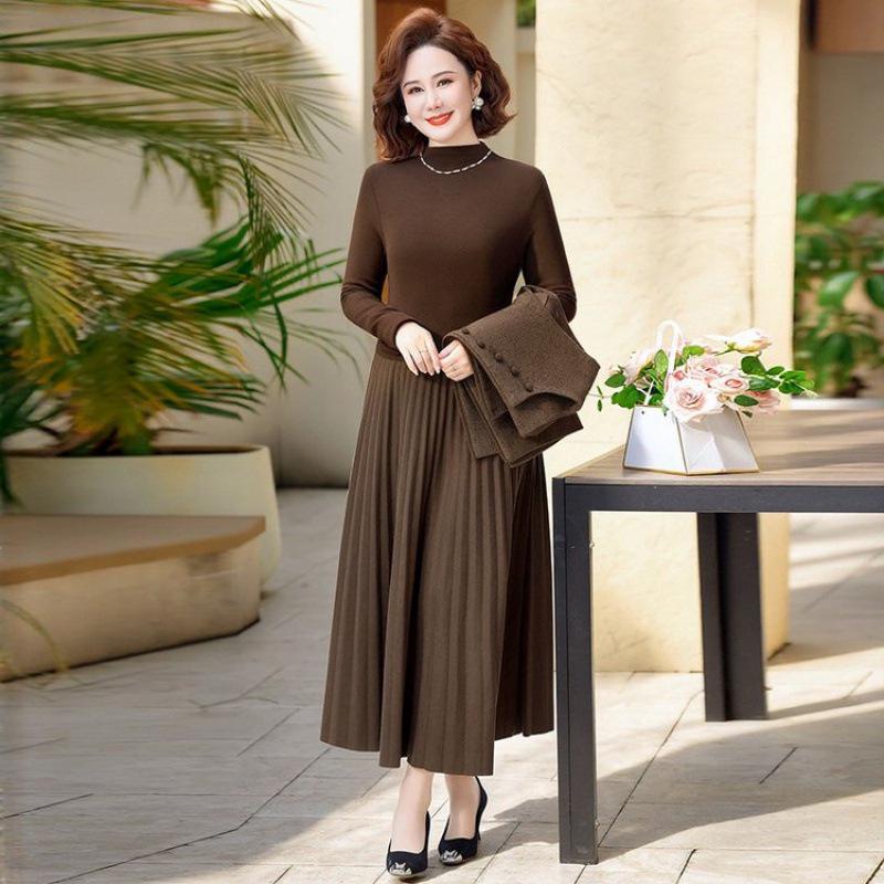 Women's French-Style Waist-Cinching Pleated Long Dress & Jacket Set, Spring/Autumn 2026