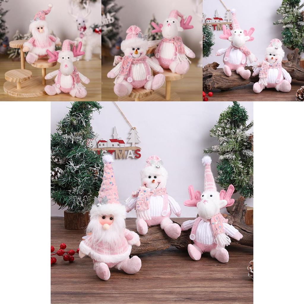 Adorable Pink Snowman And Reindeer Plush Figurines For Christmas Holiday Decor