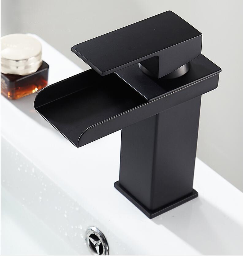 Bathroom Black Lavatory Waterfall Faucet hot and cold Crane Brass Sink Mixer  Waterfall Sink Faucet Single Handle Decked