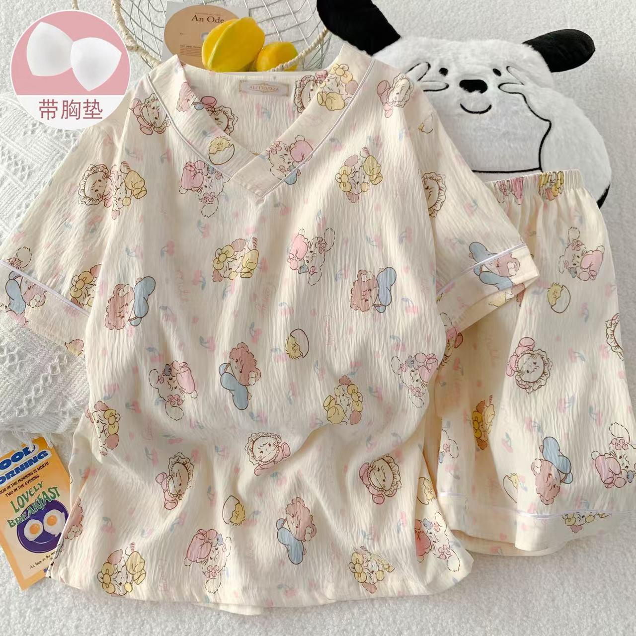 

GMXIA Women s Summer Cloud Cotton Ins Cute Short-sleeved Two-piece Set with Chest Pad, Summer Thin Style XXL