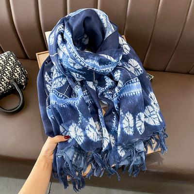 Spring And Autumn  Retro Ethnic Style Travel  Sunscreen Shawl Blue Spring And Summer Thin Cotton And Linen Fringed Scarf