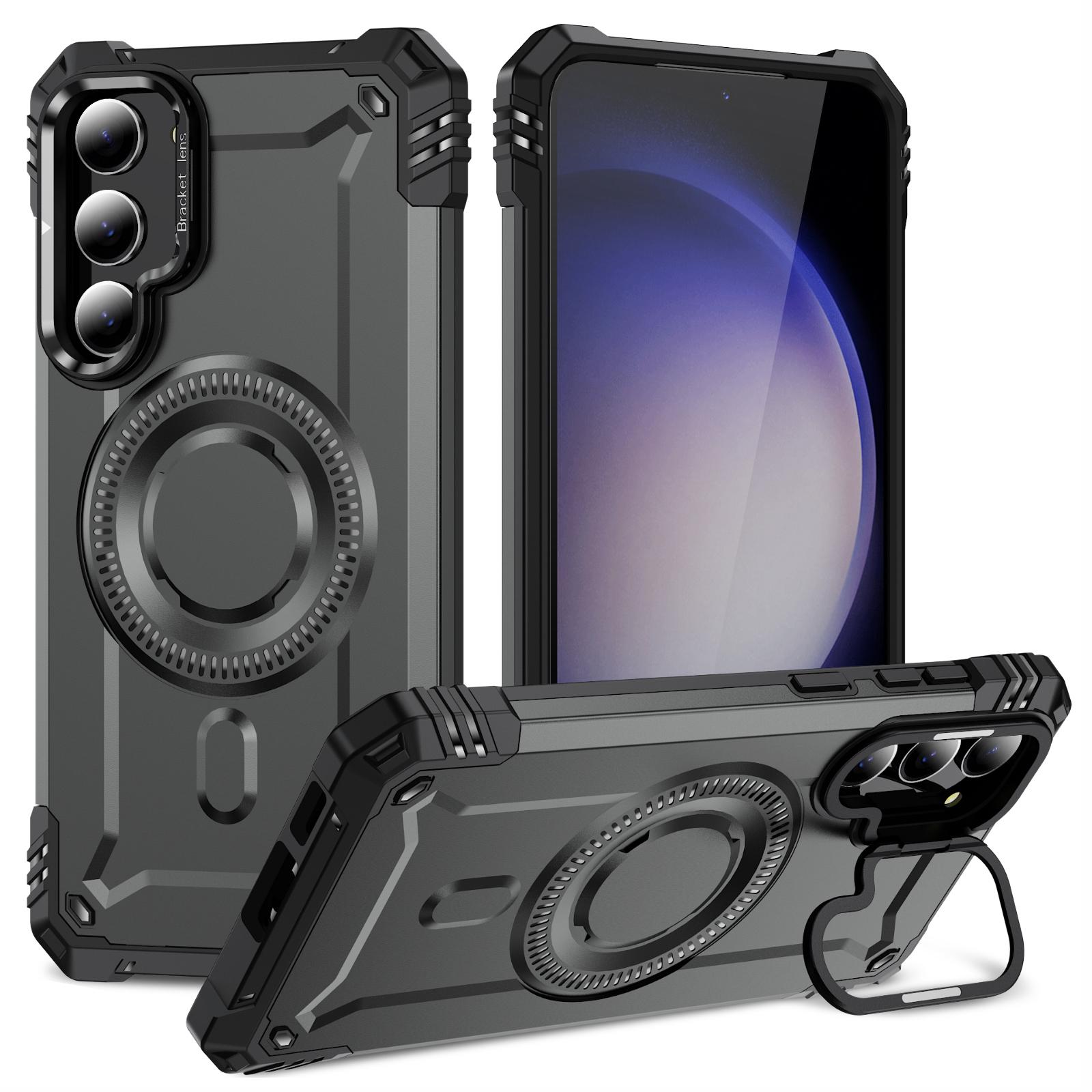

For Samsung Galaxy S23+ Case Compatible with MagSafe Metal Lens Frame Kickstand PC+TPU Mobile Cover Grey