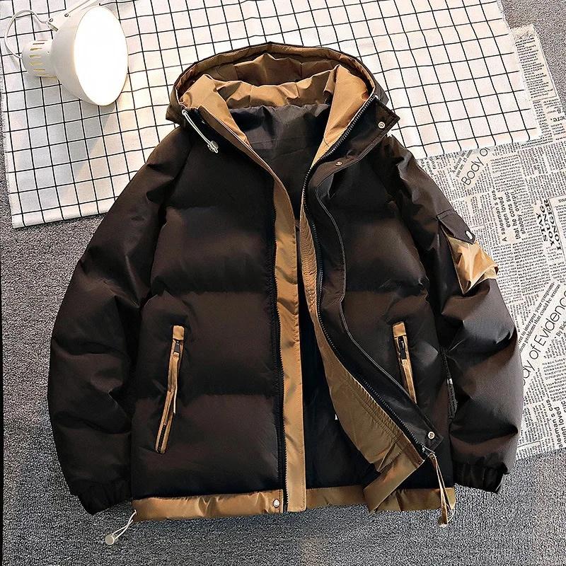 

Thickened Winter Jacket Men s Loose Casual Hooded Patchwork Color Warmth Clothing Outerwear Trendy Chinese Brand Cotton Coat 2XL чёрный