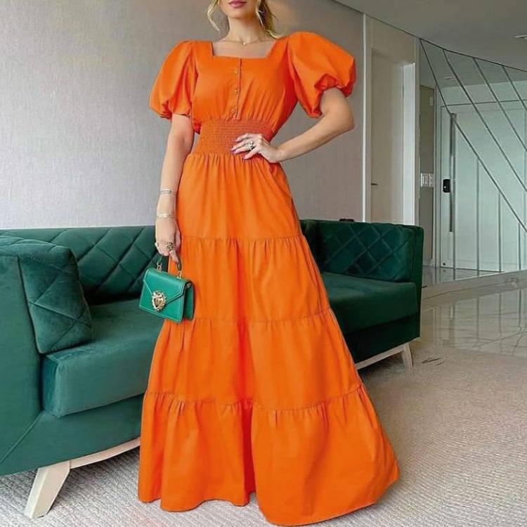 Women Summer Casual Beach Dress 2026 Puff Sleeve Maxi Sundress Square Neck M