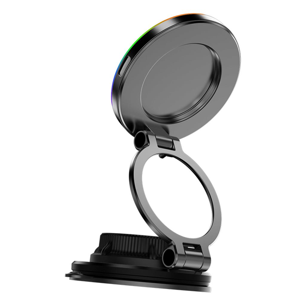 Magnetic Wireless Phone Holder, 15W Fast Charging with Suction Cup and Ambient Light, Multi Angle Adjustable Mount for