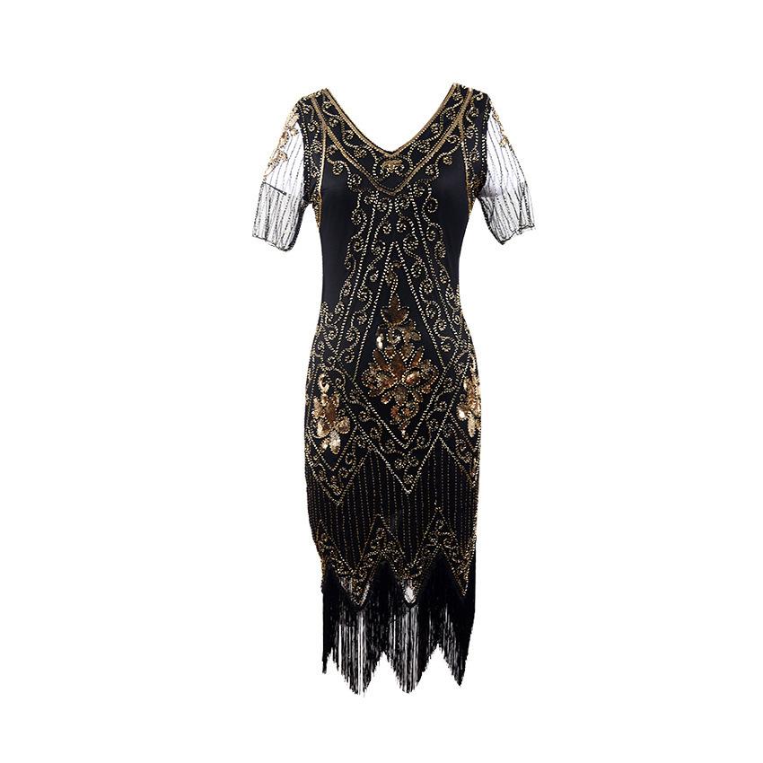 1920s Gatsby V-neck Evening Gown with Embroidered Beading and Sequins Short Sleeve Formal Dress
