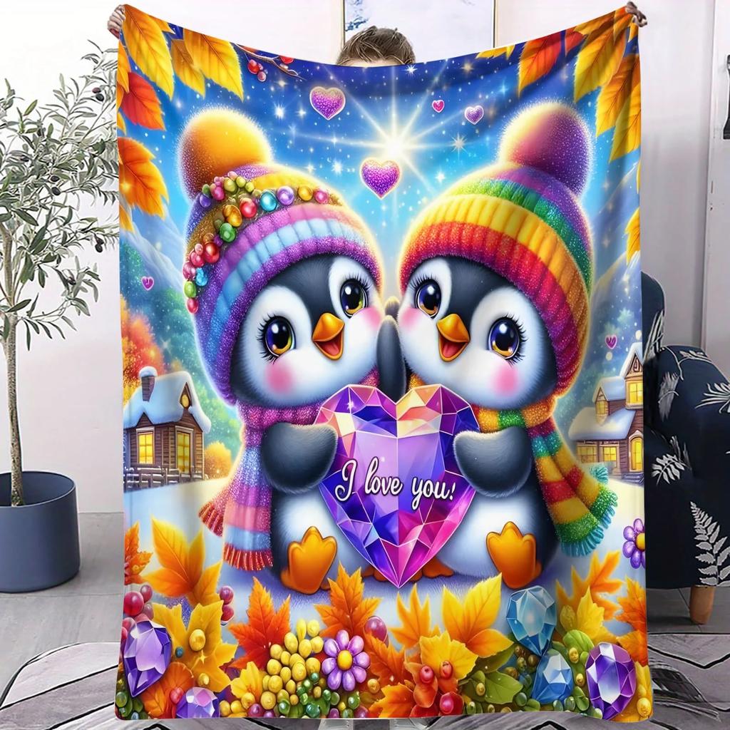 Colorful Diamond Heart Penguin Couple Soft Blanket   Pc Romantic Fleece Throw for Sofa Home Decor Warm Gift for Adults and Kids