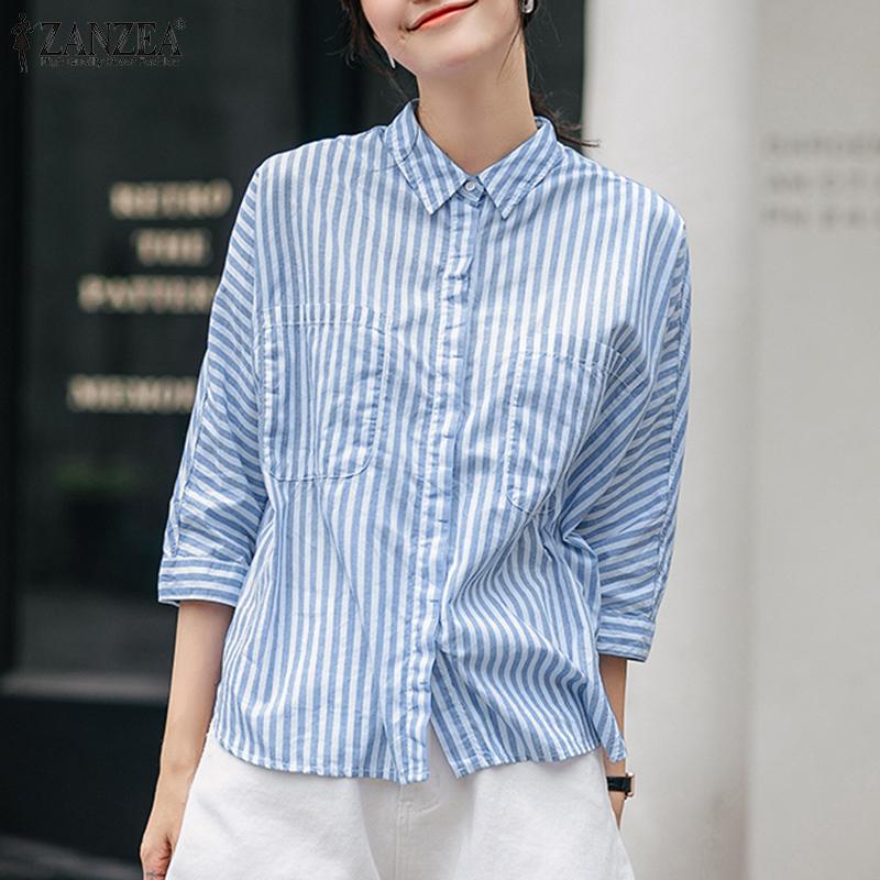 

ZANZEA Женская повседневная свободная полосатая блузка с длинным рукавом и отложным воротником