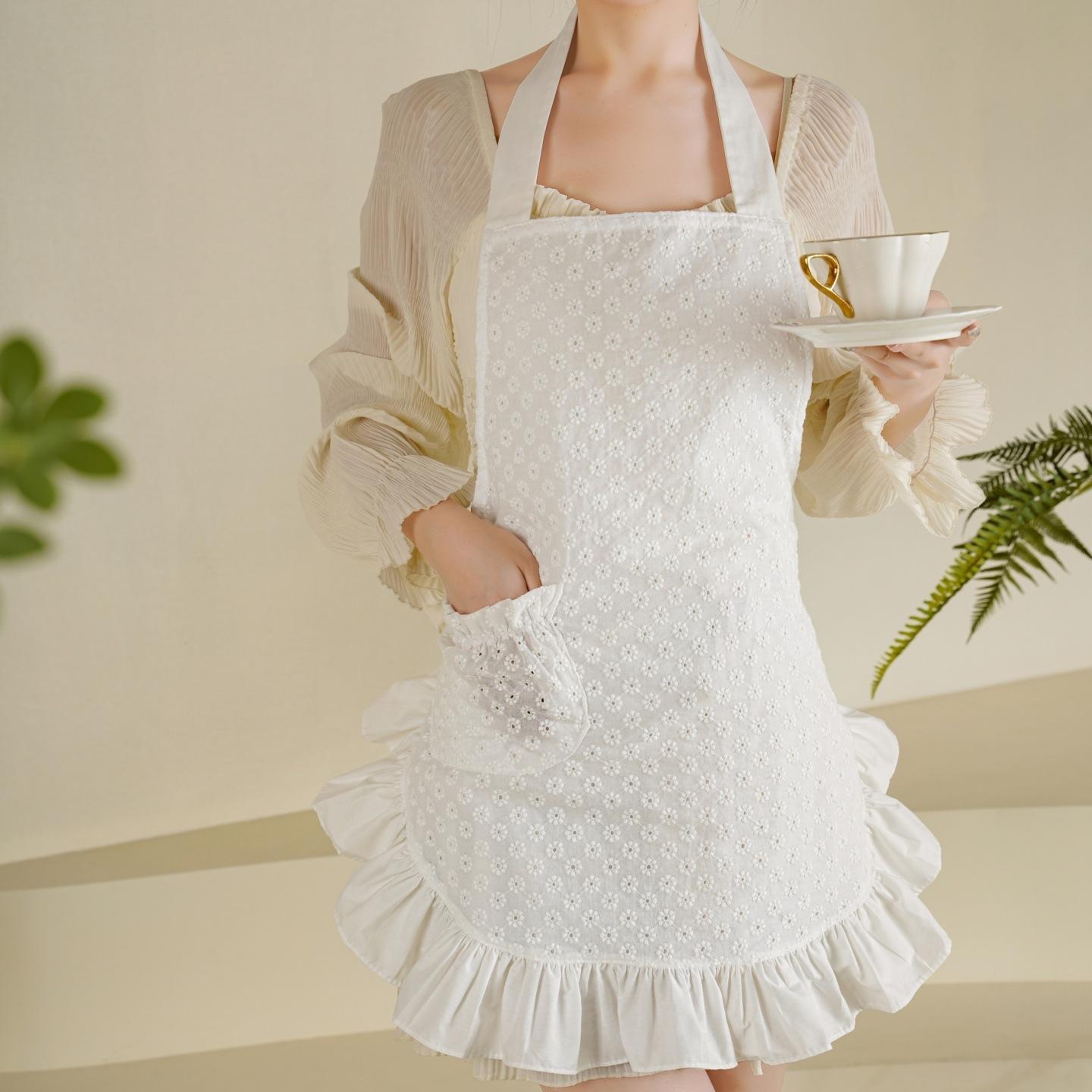 Домашний кухонный фартук Новый стиль Белый вышитый Хлопок Не водостойкий Завязка на шее Поясной фартук для работы по дому белый