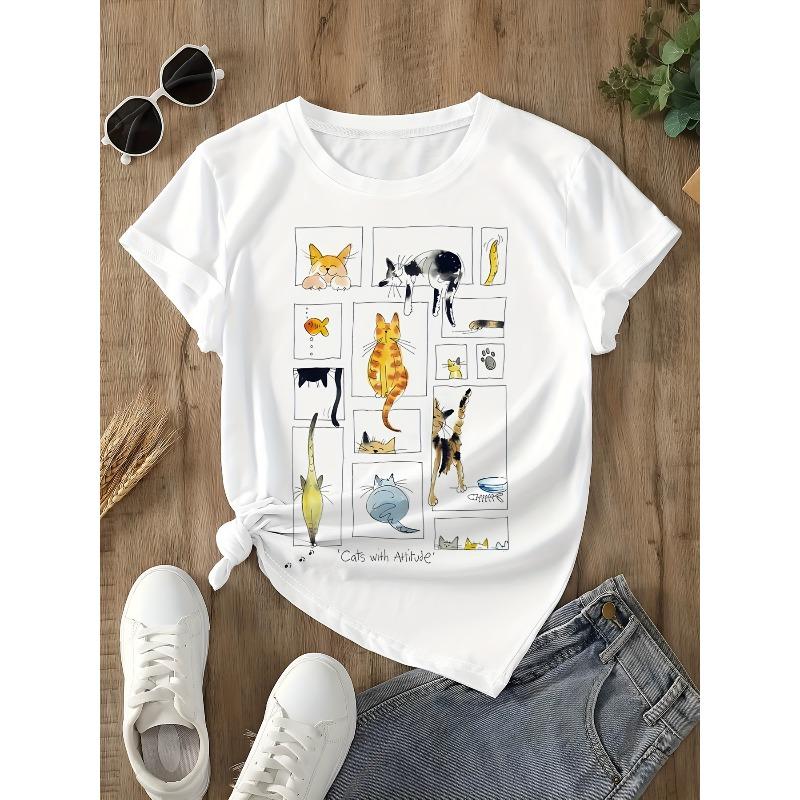 European Size Women'S Short-Sleeved T-shirt with Illustrations | Multiple Cats In Funny Poses, Fresh Hand-Painted Style