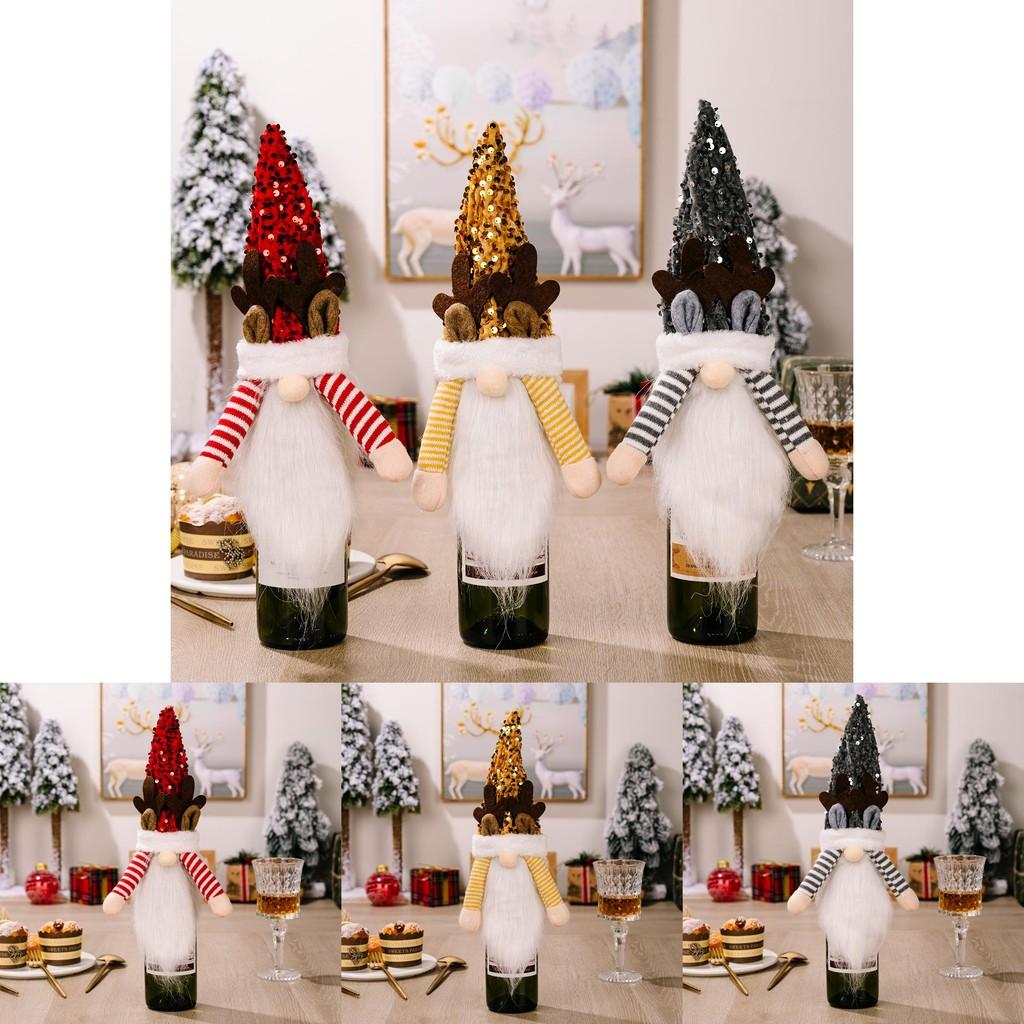 Whimsical Red Yellow And Black Sequin Hat Wine Bottle Ensembles With Antlers For Festive Christmas Decor