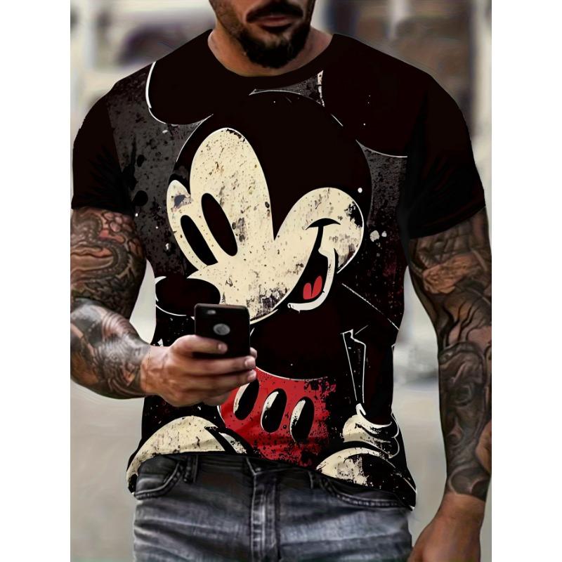 Retro Worn-Out Style Mickey Mouse Print Men's Black T-shirt Summer Casual Top