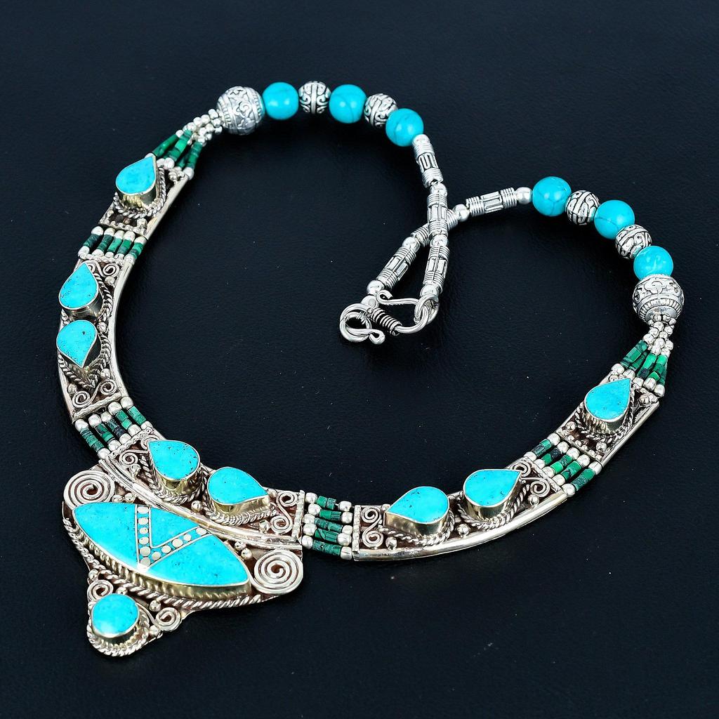 Schlafender Türkis 925 Sterlingsilber Halskette Tibetische Silber Halskette Böhmische Antike Halskette Handgefertigter Schmuck Nepalesische Halskette Geschenk für Ehefrau