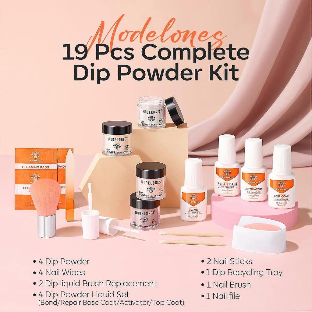Modelones Dip-Pulver-Nagelkit, 4 Farben Nude Rosa Glitzer Dipping Starter-Set mit Flüssigkeit und komplettem Zubehör für French Nails Kunst-Salon zu Hause