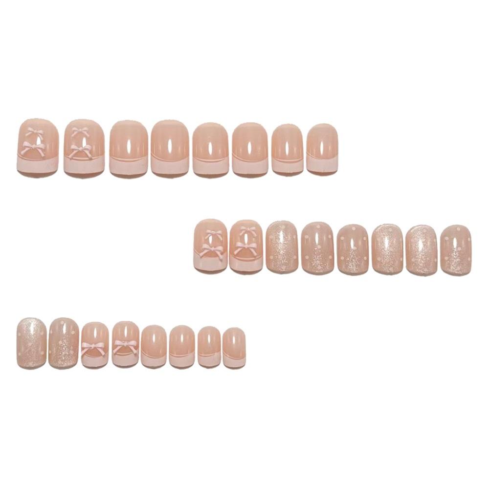 Handmade Nails With Bow Polka-dot Leather, Pink French Cat-eye Nail Stickers, Sweet And Girlish Whitening