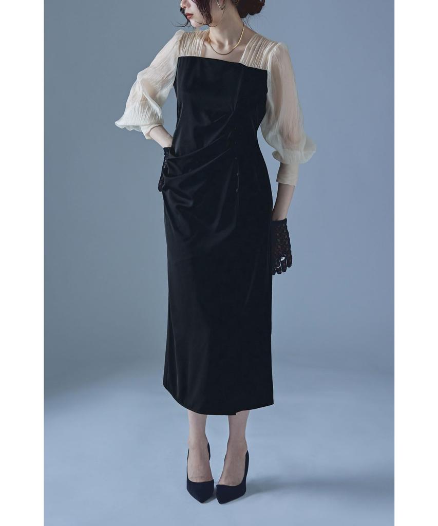 Draped Long Occasion Black x Size M [etoll] I-Line Dress, Sleeve, Dress, Beige,