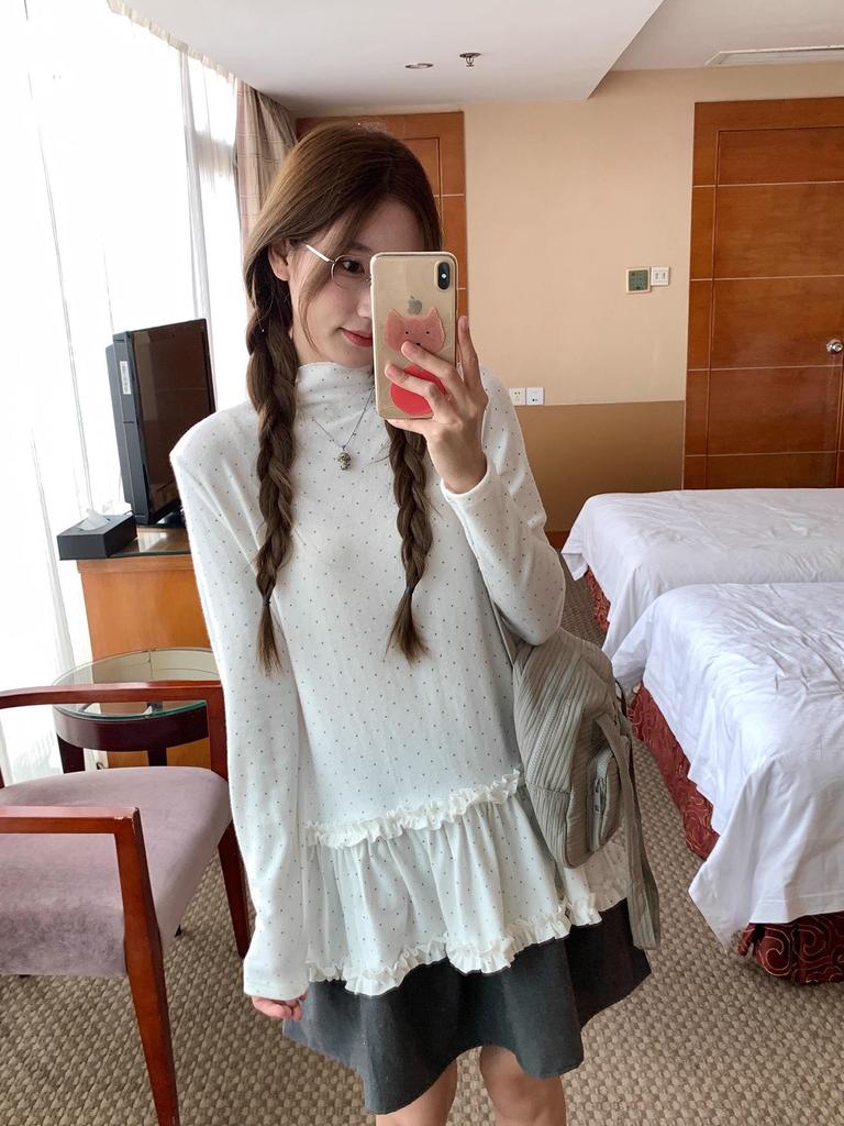 Korean-Style Polka Dot Ruched Long Sleeve T-Shirt – Autumn/Winter Slimming Casual Top