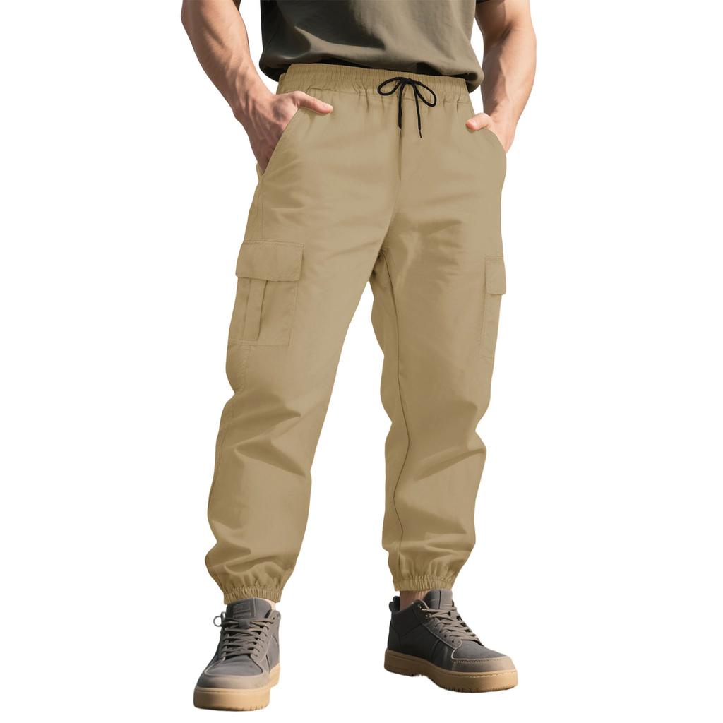 Men's Casual Elastic Waist Cargo Pants with Multiple Pockets and Tapered Cuffs for Everyday Wear and Outdoor Activities