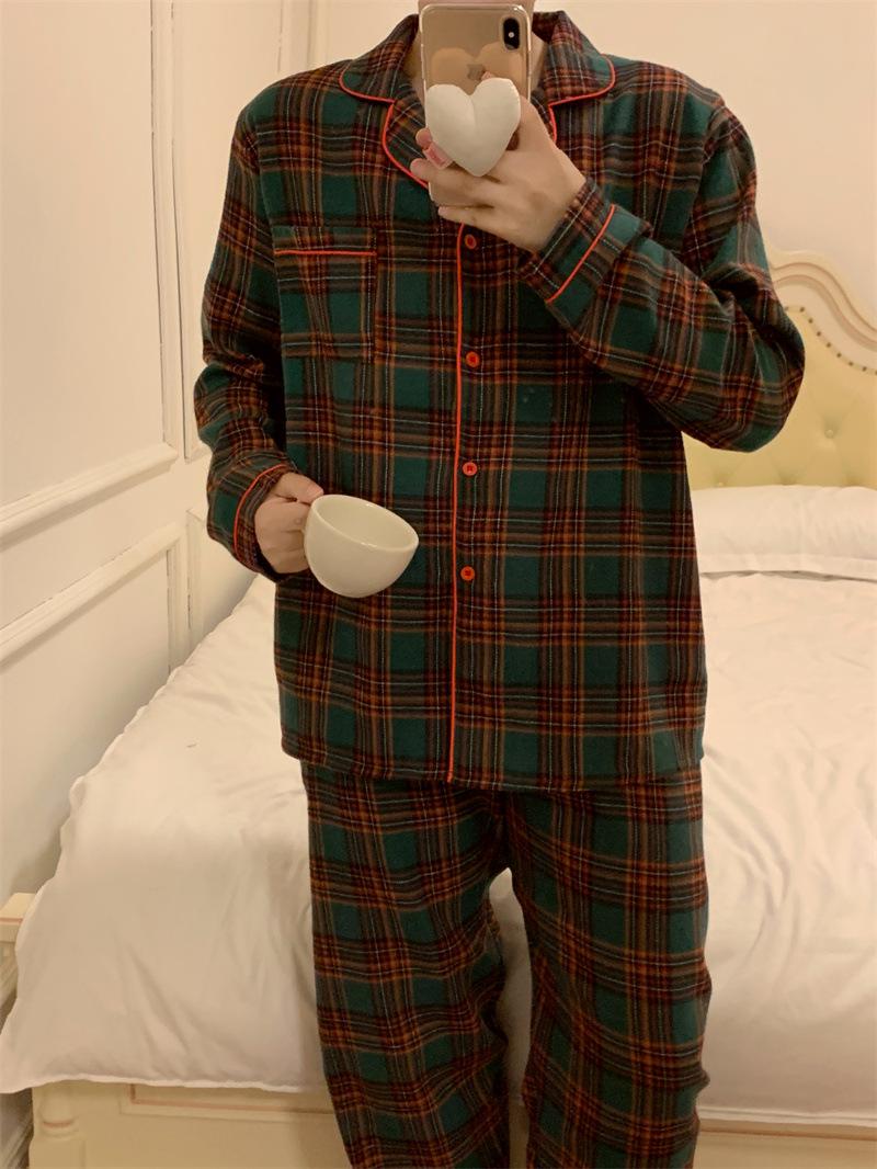 

Осенне-зимний корейский клетчатый комплект пижам для пары - с длинным рукавом, длинные брюки для Рождества. One Size
