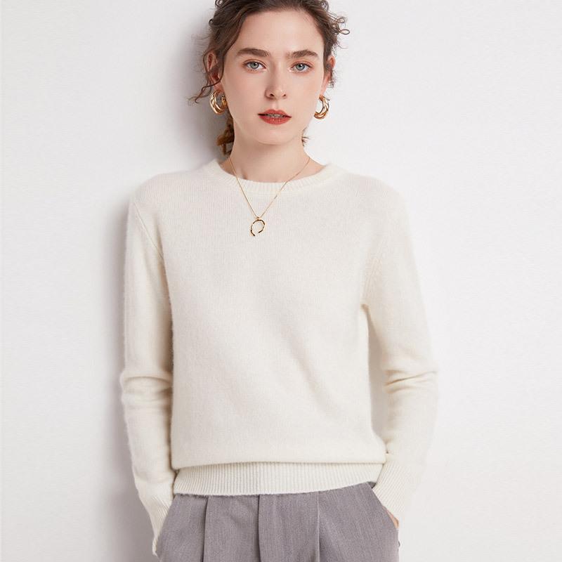 Women's Plus Size 100% Wool Thickened Round Neck Sweater - Winter Solid Color Pullover