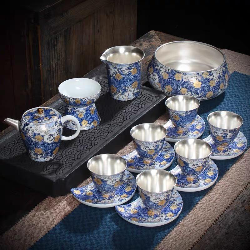 Silver-Plated Ceramic Kung Fu Tea Set: Complete Home Gift Box with Tea Cups and Pot