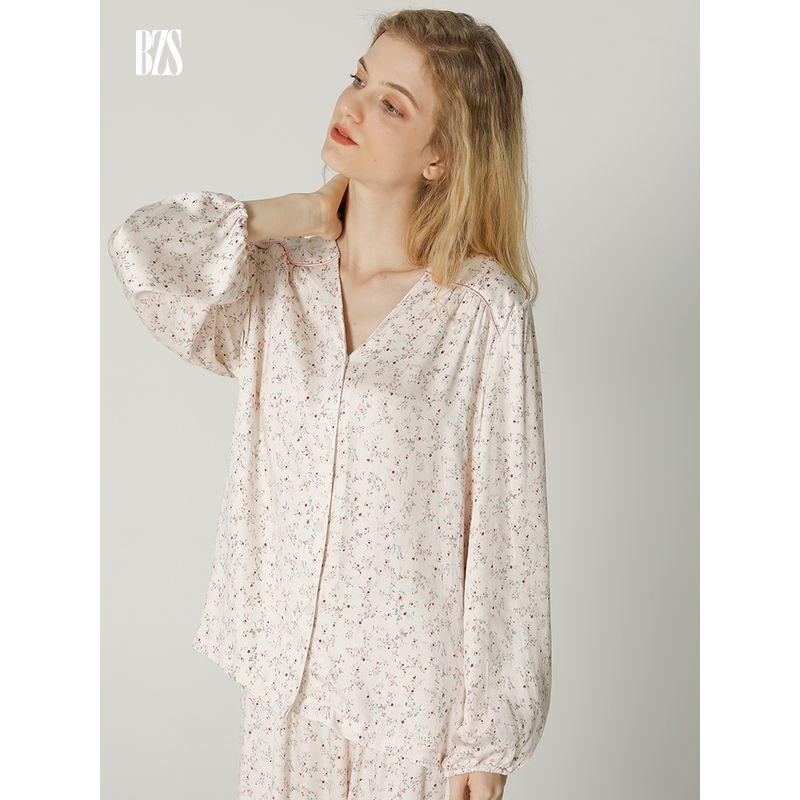 Satin Spring and Autumn Cardigan Cotton Silk Women's Thin Floral Pants Two-Piece Pajamas Long Sleeves V Neck Cotton Silk Home Wear