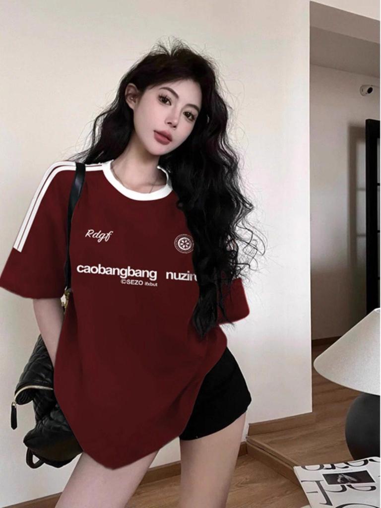 Women's Plus Size Retro Wine Red Patchwork Cotton Raglan T-shirt - Slimming, Short Sleeve, Loose Fit for Summer