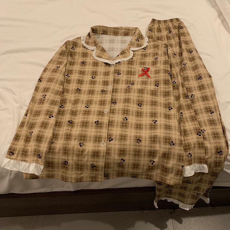 Sweet Cute Plaid Cherry Print Women's Pajamas Vintage Lace Button Design 2 Piece Set Pajamas Casual Home Wear
