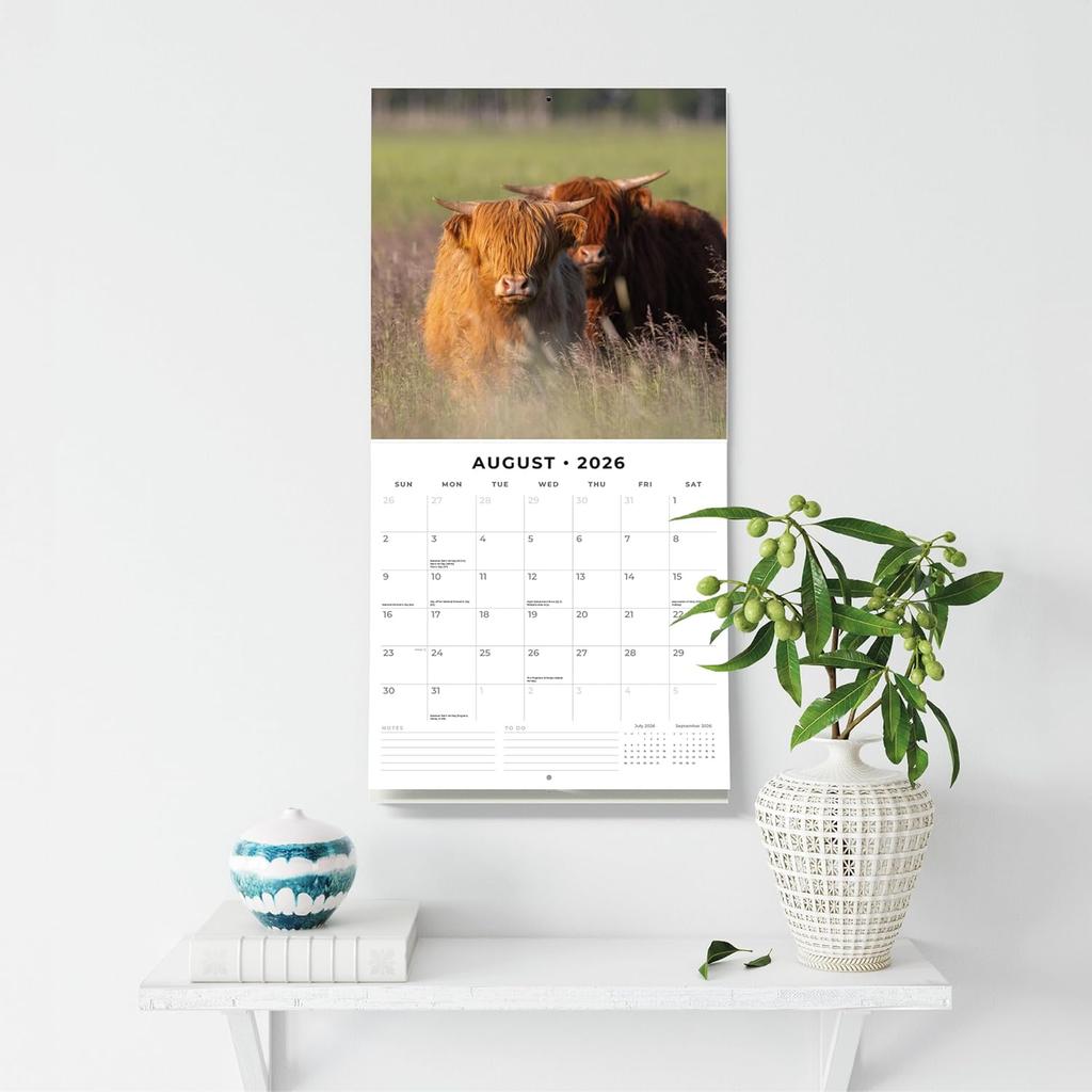 Red Robin 2026 Highland Cows Monthly Wall Calendar | 12" x 24" Open | Premium Thick & Sturdy Paper | Hangable 12 Month Calendar | Lined Notes & To Do