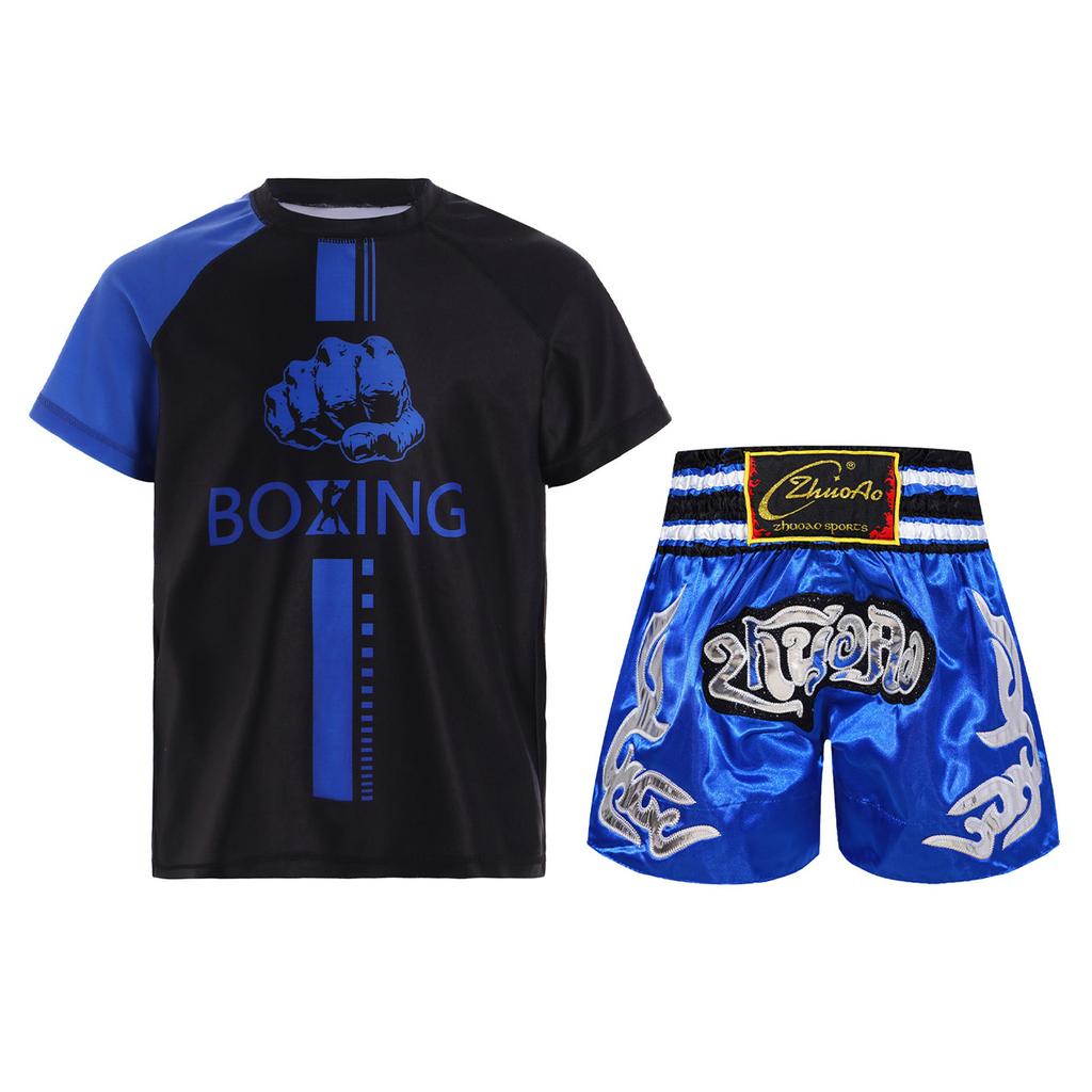 Dětský chlapecký boxerský tréninkový kostým, módní barevné bloky, patchworkové tričko s kulatým výstřihem, krátkým rukávem, atletický top s boxerskými kraťasy