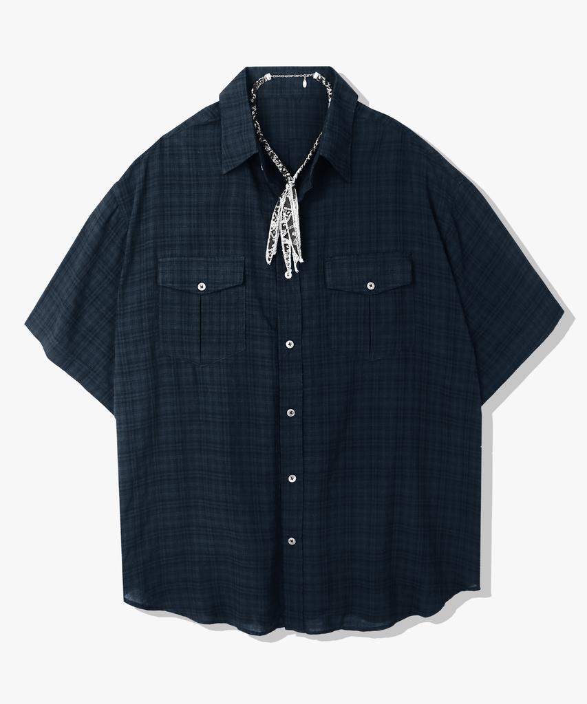 SSY [2Pack] Washed Check Linen 2-Pocket Loose Fit Half Shirt