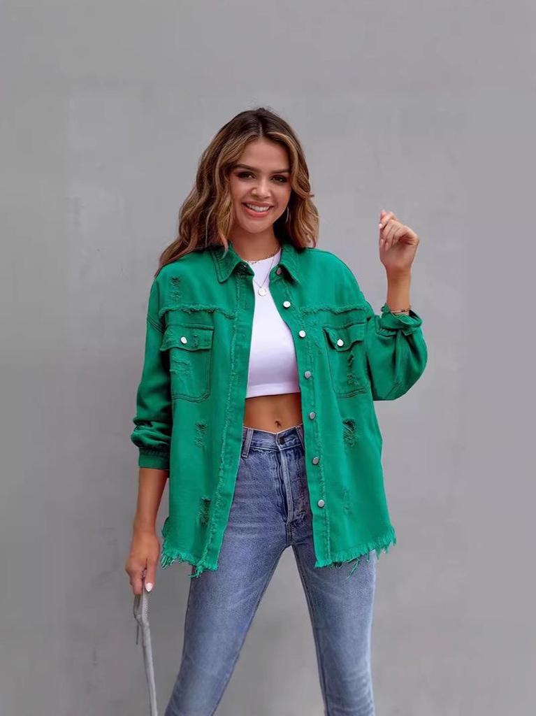 2025 Europäischer Stil Ausgefranste Jeansjacke - Damen Herbst/Winter Lässig Langarm Revers Oberteil