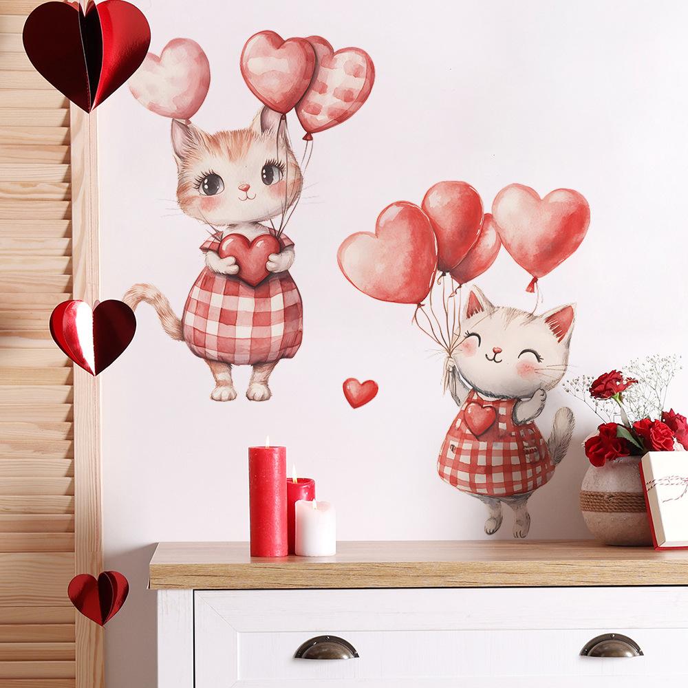 Cartoon Cute Little Cat Heart Balloon Bedroom Living Room Entrance Hall Home Background Beautification Wall Stickers