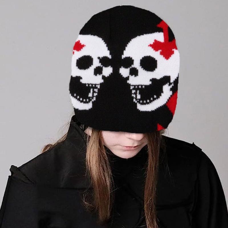 Knit Double Skull Beanie Hat for Students Adult Windproof Foldable Winter Hat Handmade Halloween Keep Warm Cycling Hat