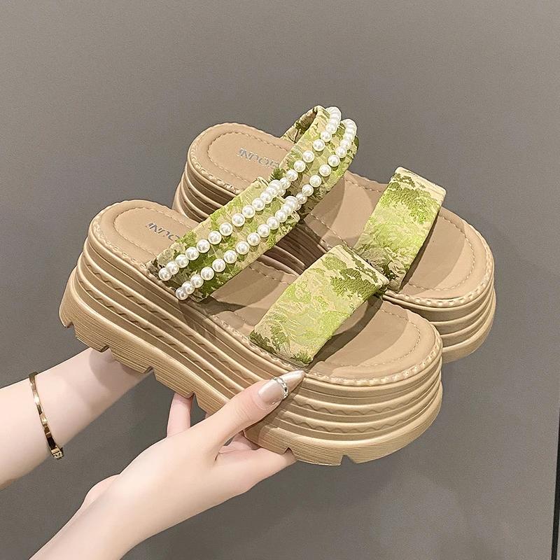 8CM Women's Pearl Strap Chunky Sandals Summer Pink Thick Bottom Wedge Slippers Woman Lace Platform Slides Shoes Mujer
