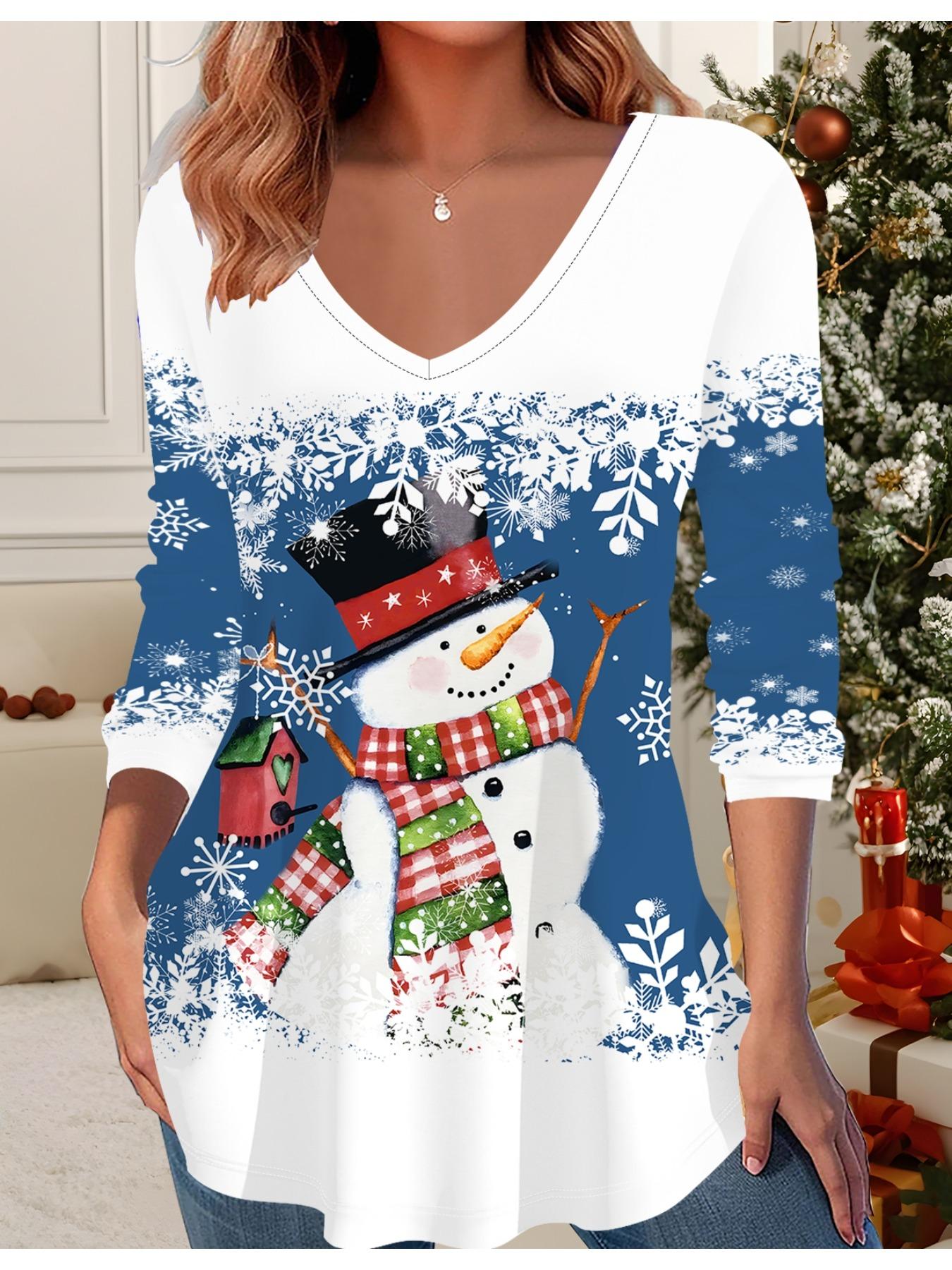 

3D Рождественская Принтованная Модная Повседневная Женская Футболка с V-образным вырезом и длинным рукавом - Одежда для новогодней вечеринки, Праздничный подарок 6XL