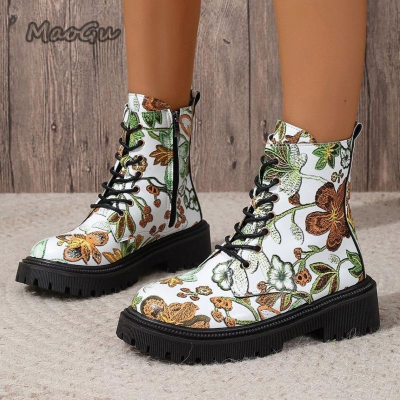 Fashion New Fashion Women's Boots Side Zipper Thick Bottom British Style Botas Mujer Trend Versatile Short Boots Floral Printed Botines