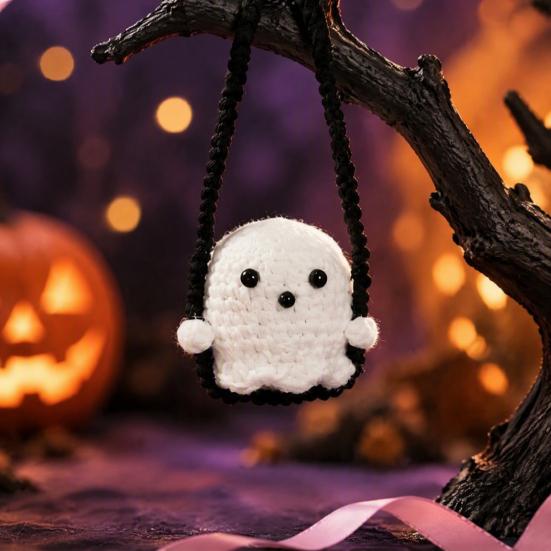 Hand Woven Woolen Ghost Decor Handmade Pumpkin Car Rear View Mirror Pendant, Cute Crochet Pendant Ornament Hanging for Halloween Auto Interior