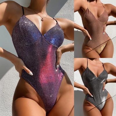Glänzender Einteiler Badeanzug Damen Bademode Sexy V-Ausschnitt High Cut Badeanzug Weiblicher Monokini Bodysuit Strand Badeanzug Schwimmen