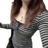 Petite Korean Style Slim-fit Color Block Striped Long Sleeve Base Layer T-shirt for Women