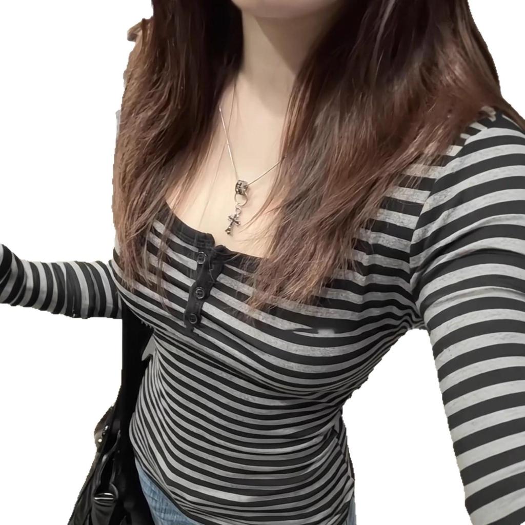 Petite Korean Style Slim-fit Color Block Striped Long Sleeve Base Layer T-shirt for Women