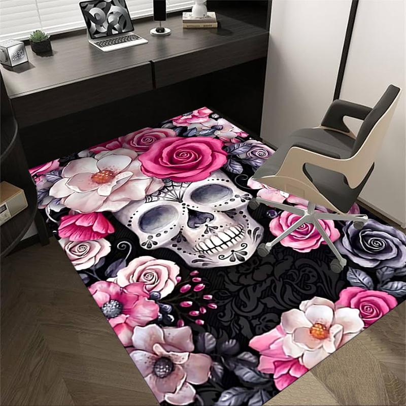 1PC Skull and Flowers Flannel Blanket Carpet Ultra Soft, Thick & Absorbent, Non Slip Machine Washable Mat for Entryway