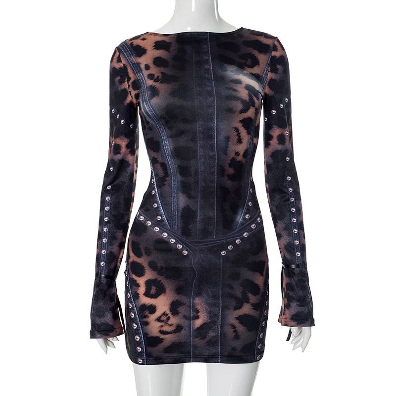 

F24Ds269 European and American Cross-Border Women s Fashion New Style Sexy Slim-Fit Round Neck Printed Long-Sleeve Short Dress Black S