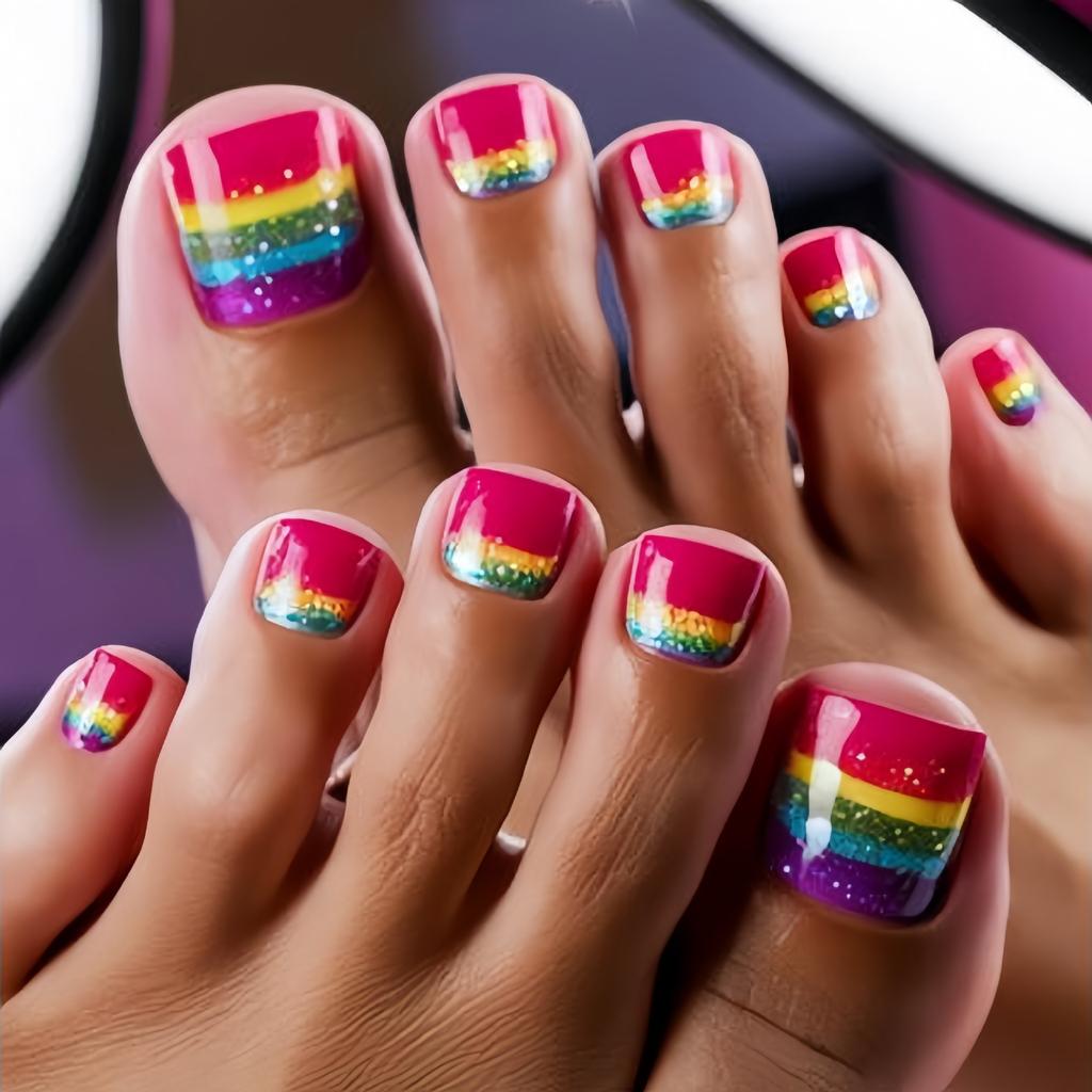 24 Stück Bunte Regenbogen-Zehennagelspitzen Tragbare Kurze Quadratische Kopf Press-on Falsche Nägel Glitzer Katzenauge Falsche Maniküre Sommer