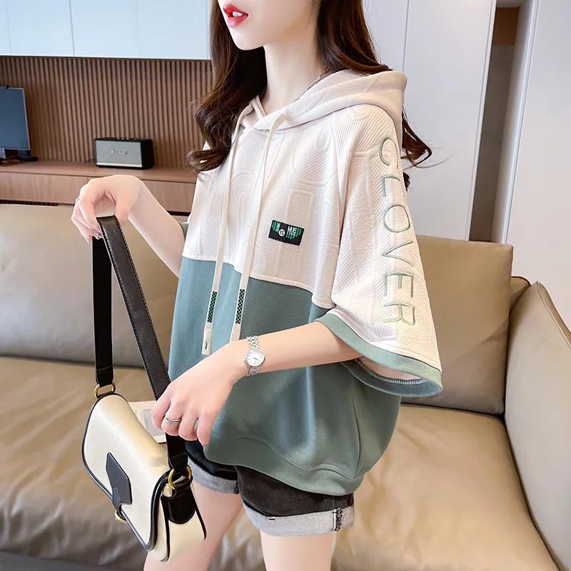 Women's Summer Hooded Oversized Short-Sleeve T-Shirt Youthful, Relaxed-Fit Pullover Top